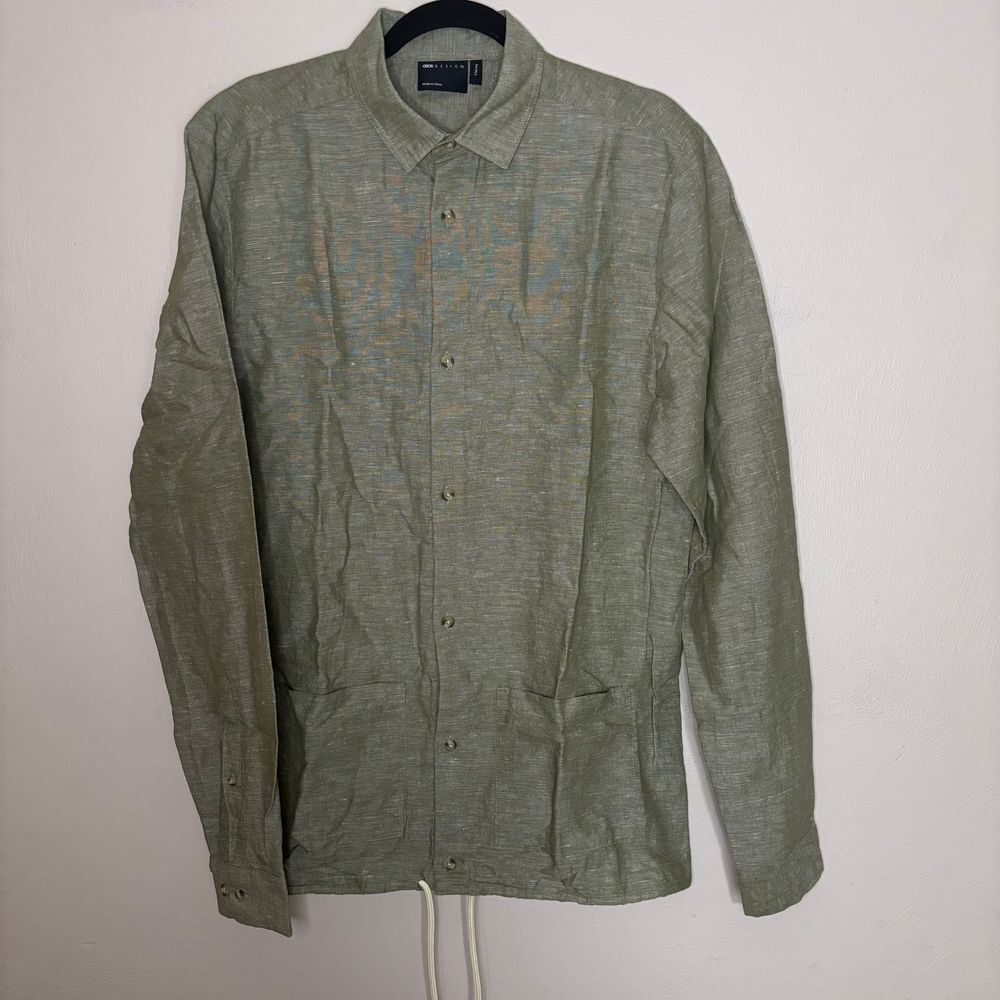 Asos Design Shirt Men's Small Tall Brown Linen Overshirt Drawstring Button Front
